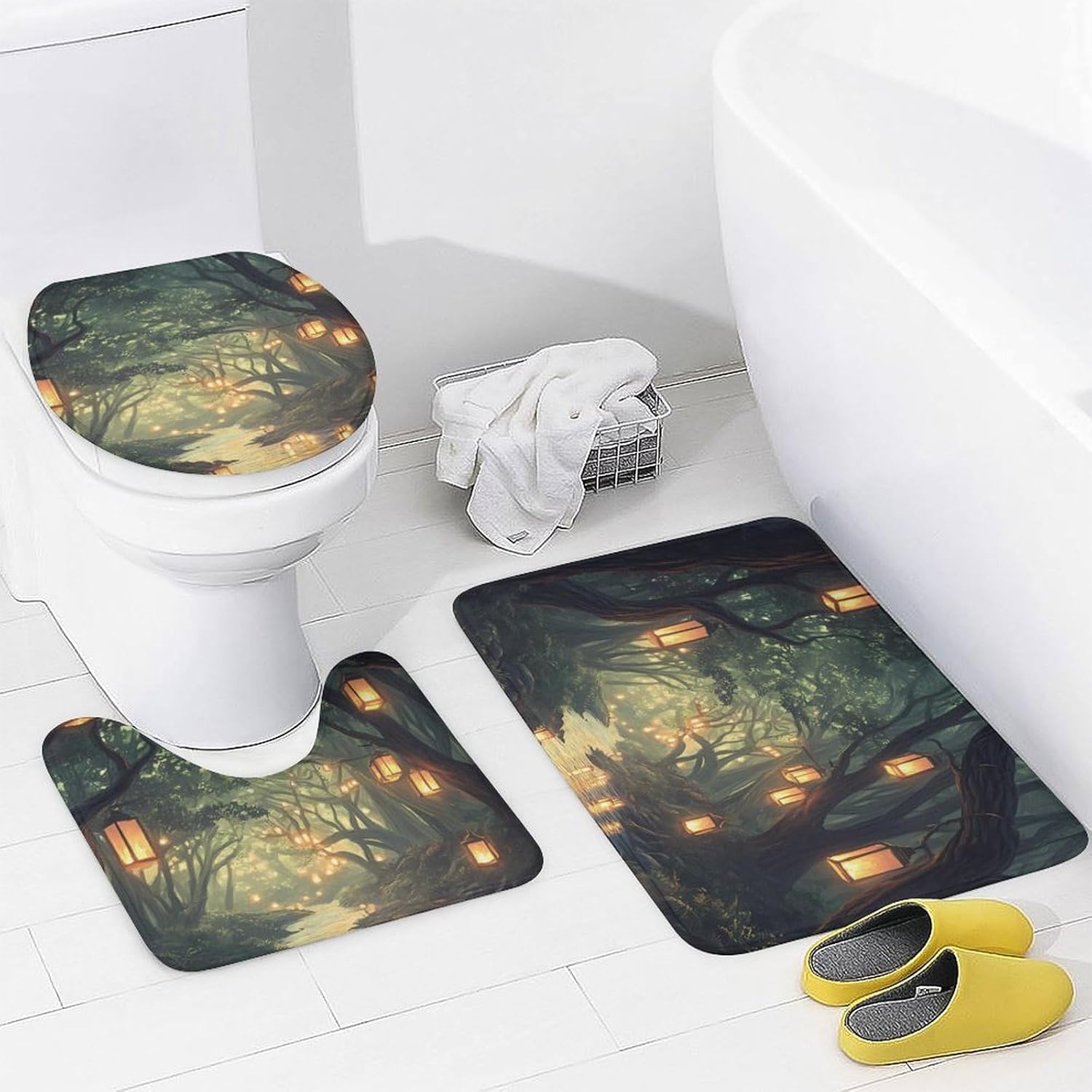 Lanterns Trees Spiritual River Bathroom Sets with Shower Curtain and Rugs 4 Piece with U-Shaped Floor Mat Toilet Lid Cover