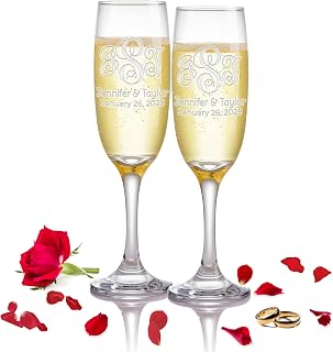 Custom Wedding Champagne Flutes- Set of 2 – Monogram Design with First Names of Couple and Wedding Date – Personalized for Bride, Groom, Happy Couples - Choice of Two Different Monogram Styles