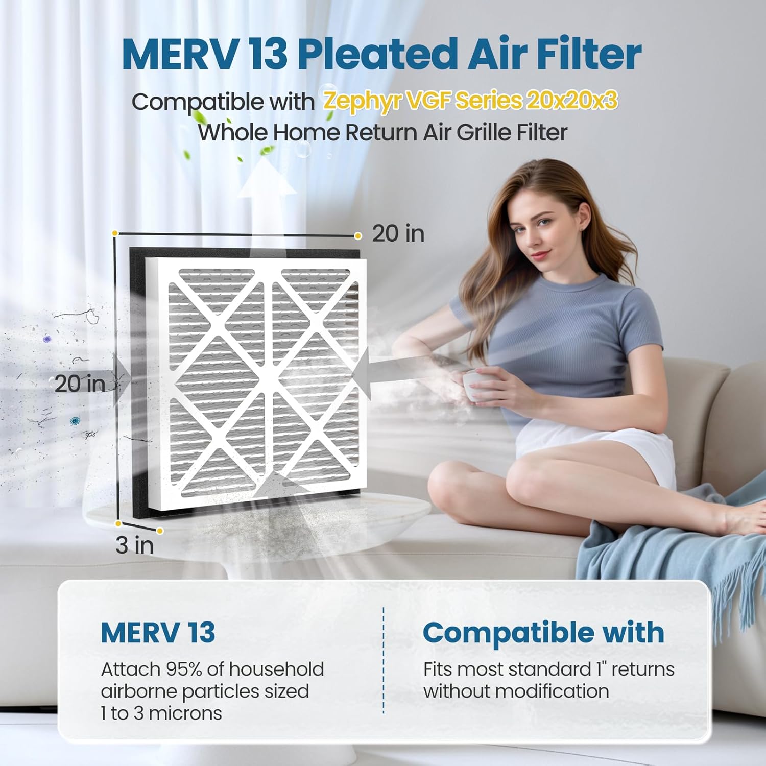 20x20x3 MERV 13 Air Filter Compatible with Zephyr VGF Series 20x20x3 Whole Home Deep Pleated Return Air Grille Filter, MERV 13 Air Filtration System, White, 1 Pack