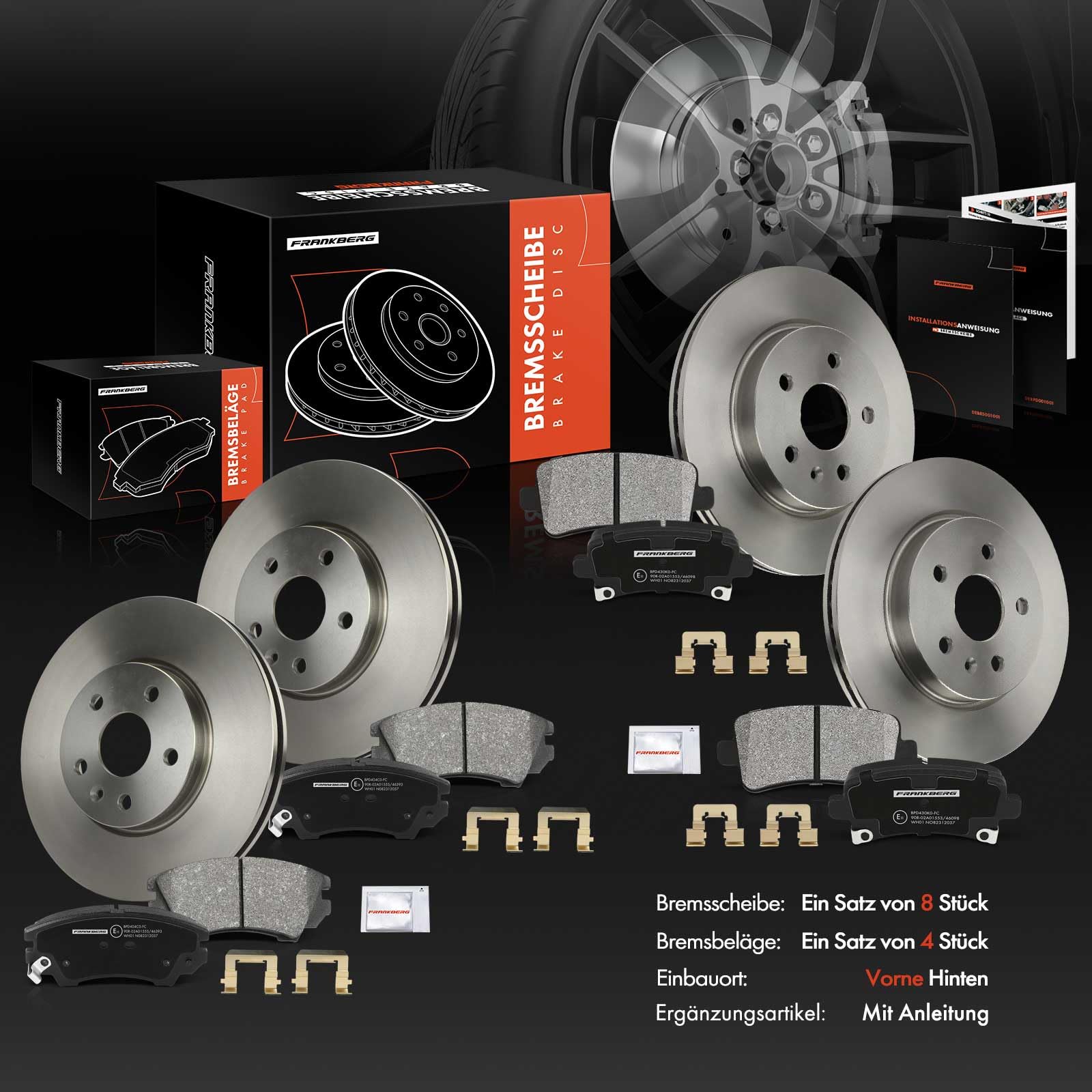 Frankberg Bremsensatz inkl. 4x Bremsscheiben + 8x Bremsbeläge Vorne Hinten Kompatibel mit Golf IV 1J1 Fabia II 542 Polo 9A 9N R.o.o.m.s.t.e.r Replace# 5Z0615301B