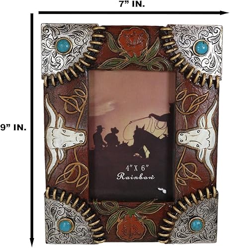Miniatura 2 de Ebros Gift Rústico Western Country Longhorn Ganado Bull Cow Conchos plateados con gemas turquesas de piel sintética de 4 x 6 pulgadas, marco de
