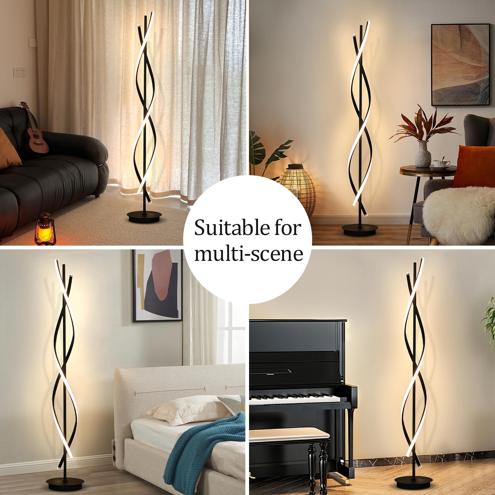 Stehlampe Wohnzimmer Dimmbar, Schwarze Spirale LED Dimmbare Stehlampe für Schlafzimmer, Stehlampe mit Fernbedienung, 155cm 3 Farbtemperaturen 52W Standleuchte (Black)