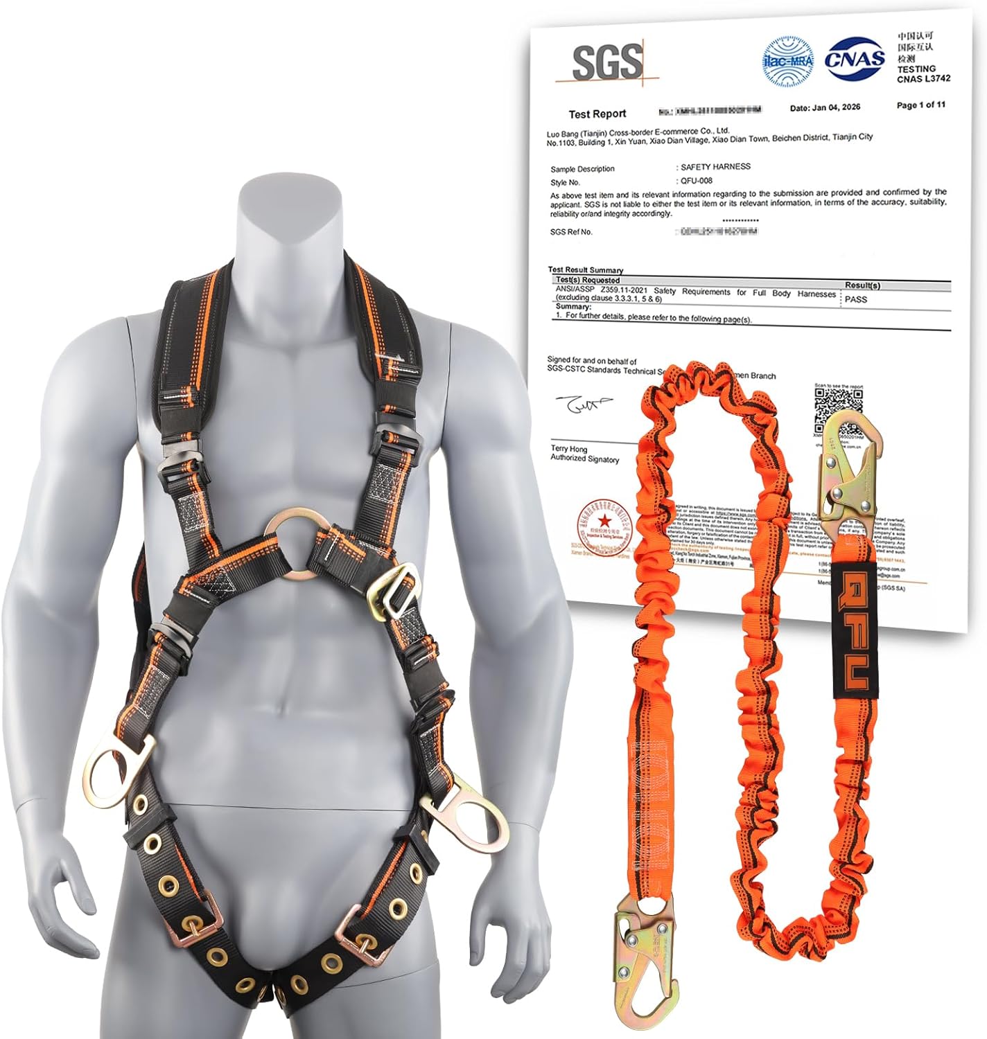 Full Body Safety Harness & Fall Protection Kit with Padded Straps, ANSI Compliant, Includes Shock-Absorbing Lanyard for Roofing, Construction and Industrial Use