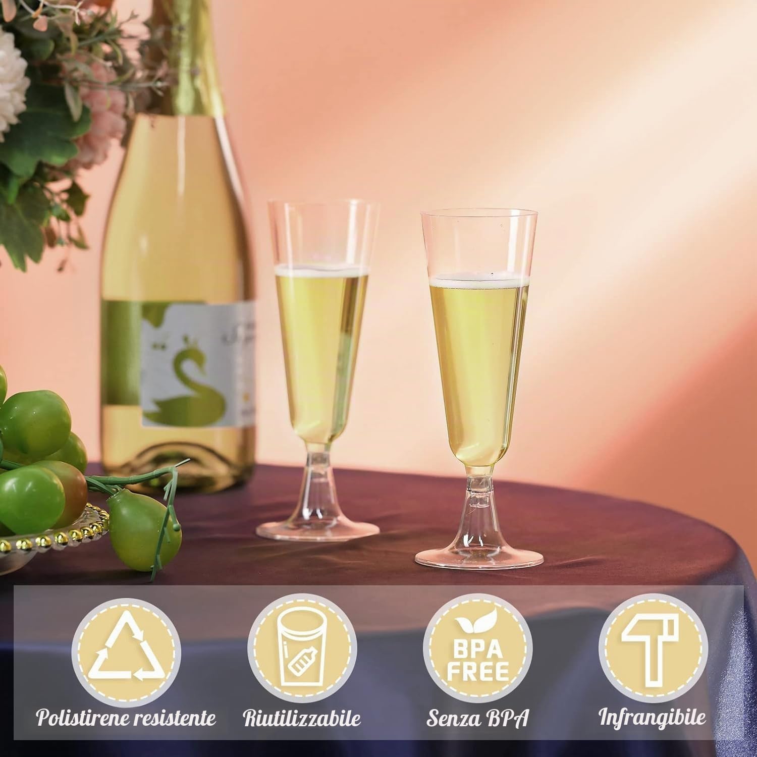 JMIATRY 100 Pezzi Flute Plastica 150ML, Calici Plastica Usa e Getta Riutilizzabile, Calici Vino Riutilizzabile per Feste, Matrimoni, Compleanni