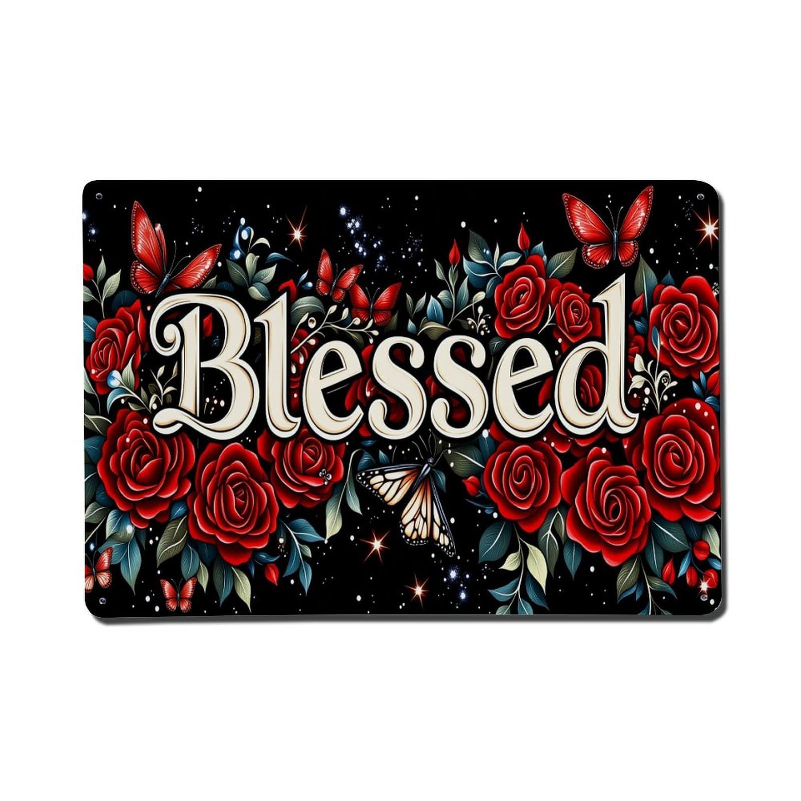 Enderetf Vintage Blessed Roses Butterflies Stars Night Tin Sign Metal Poster, Home Bar Garage Man Cave Cafe Indoor & Outdoor Wall Decoration 8X12inches