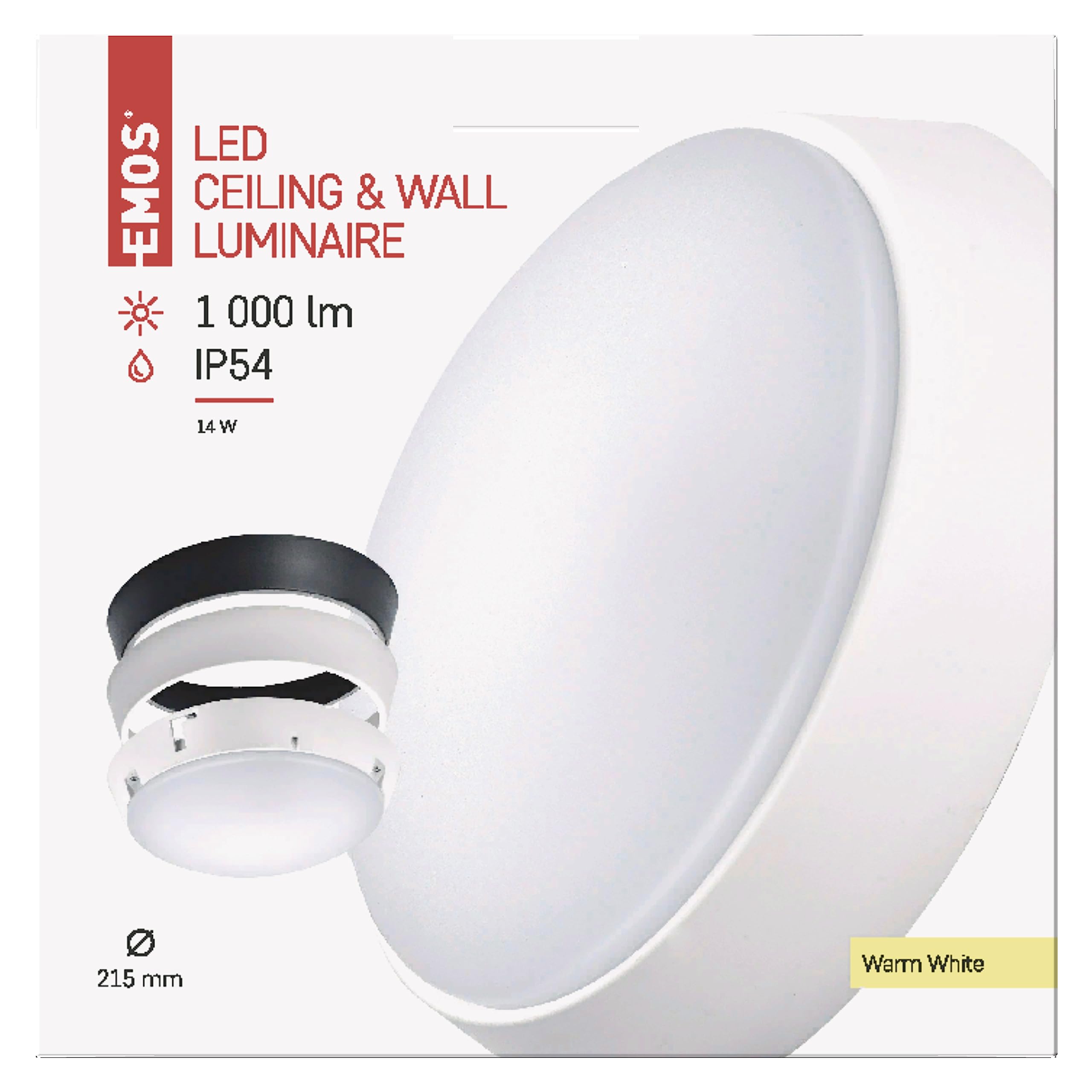 EMOS LED Wall Light and Ceiling Light with Interchangeable Frame, Round, IP54 Waterproof 14 W Outdoor Light for Balcony, Basement, Garage, Outdoor, 1000 lm, Warm White 3000 K, Diameter 21.5 cm