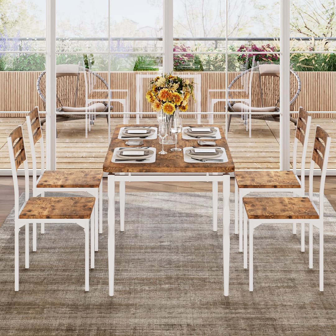 GarveeHome 5 Piece Dining Table Set, Industrial Style Dining Table and Chairs Set for 4, Kitchen Table Set for Dining Room Kitchen Apartment, White Brown