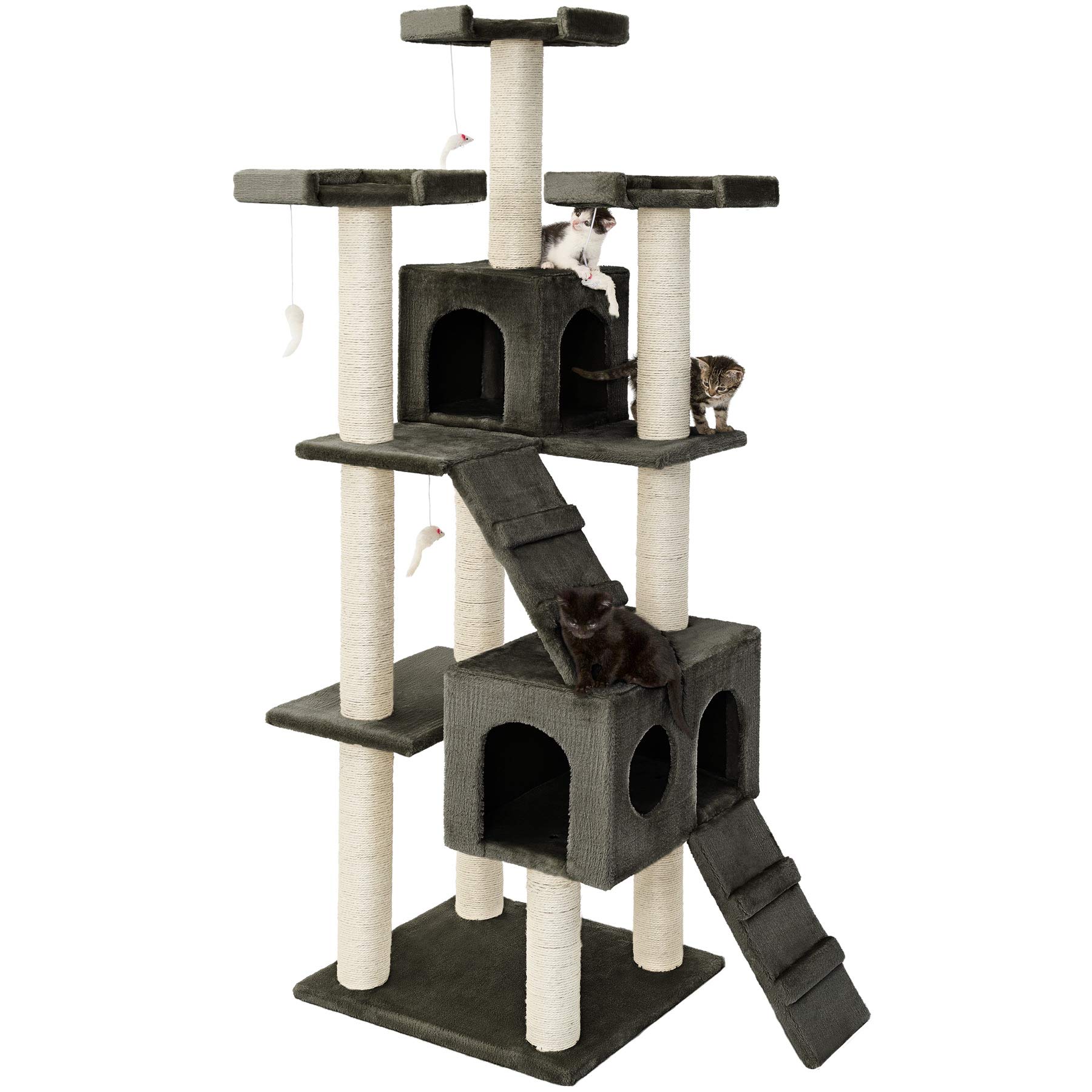 Tectake® XXL Luxe Sisal-Krabpaal 186 Cm Hoog Met Speelgoed En Accessoires Voor Kittens En Katten Sisaltouw Krabpaal Met Kattengrot Kattenhuis Kattentrap En Uitkijkplatforms Grijs