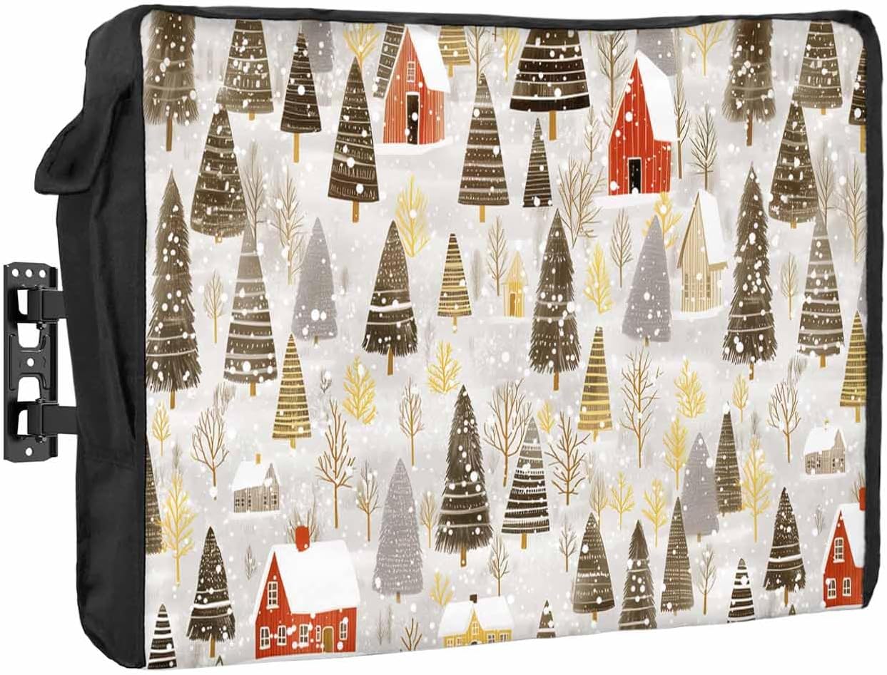 Christmas Tree Outdoor TV Cover 48"-50" - 600D Waterproof TV Cover Weatherproof TV Screen Protector Dustproof Winter Xmas Watercolor House Blue TV Display Protector for Outside Flat Screen TV