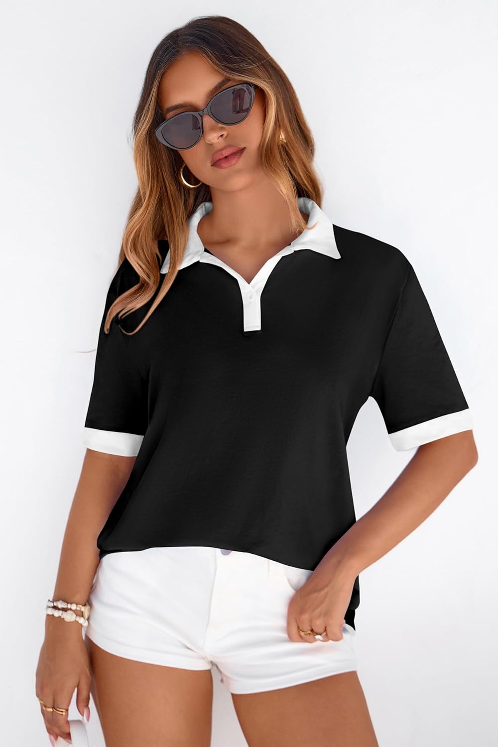 PRETTYGARDEN Summer Short Sleeve Polo Shirts for Women Collared V Neck Work Dressy Tops Knit Loose Business Casual Outfits - Image 5