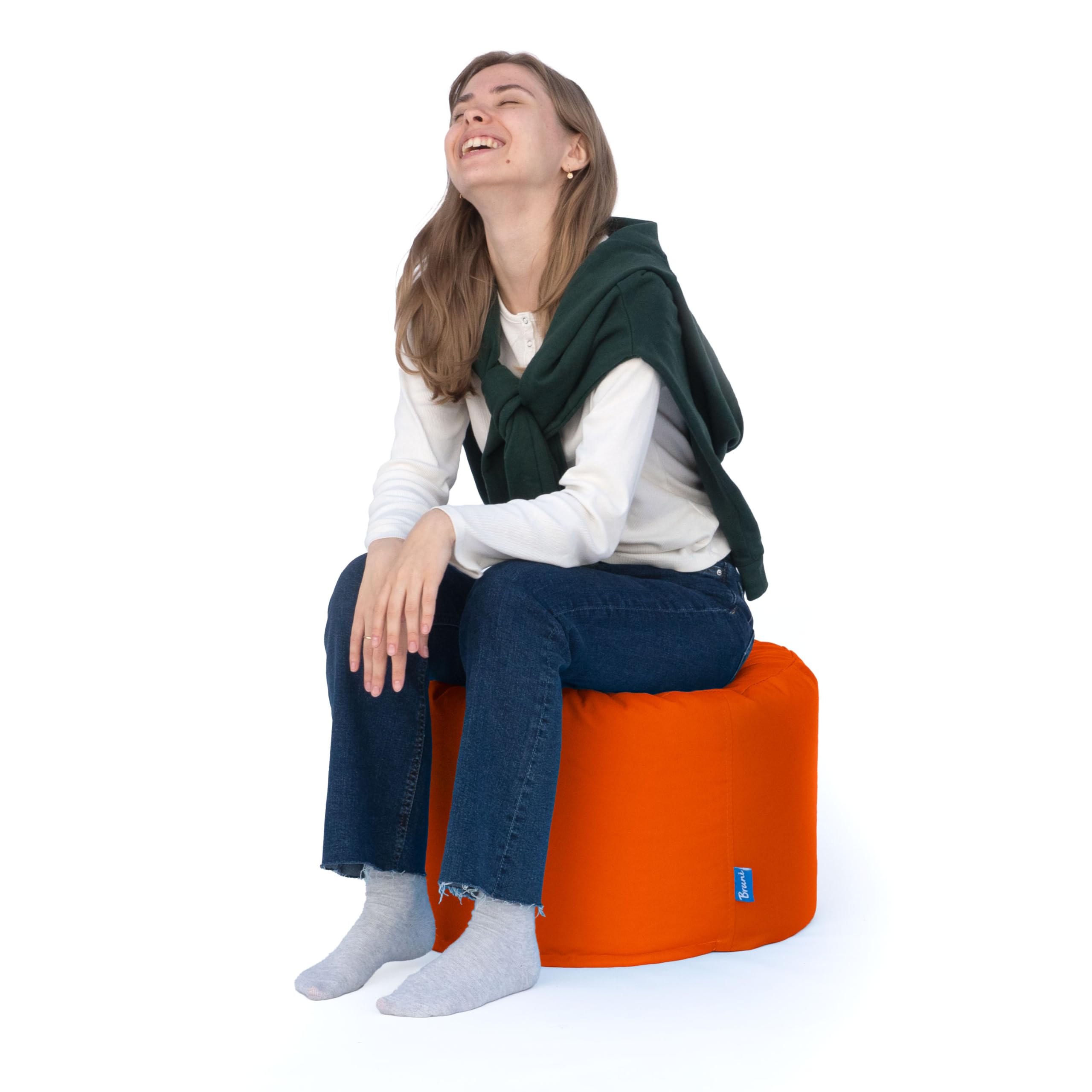 Bruni Pouf Rotondo L Arancione – Pouf poggiapiedi per interni ed esterni, Sgabello a sacco con imbottitura in perle EPS, Cuscino rotondo da Yoga e meditazione, Fodera lavabile