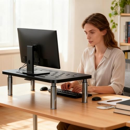 Miniatura 6 de Soporte elevador para monitor con cajón, altura ajustable (4.1-5.7 in), 3 engranajes, organizador de escritorio de acero al carbono para
