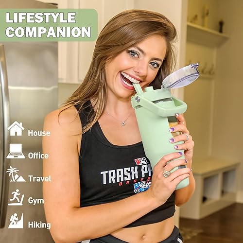 Miniatura 6 de BLUEGO Botella de agua de vidrio de 32 onzas con popote y tapa, botella de agua potable de vidrio con asa, taza de café helado con marcador de