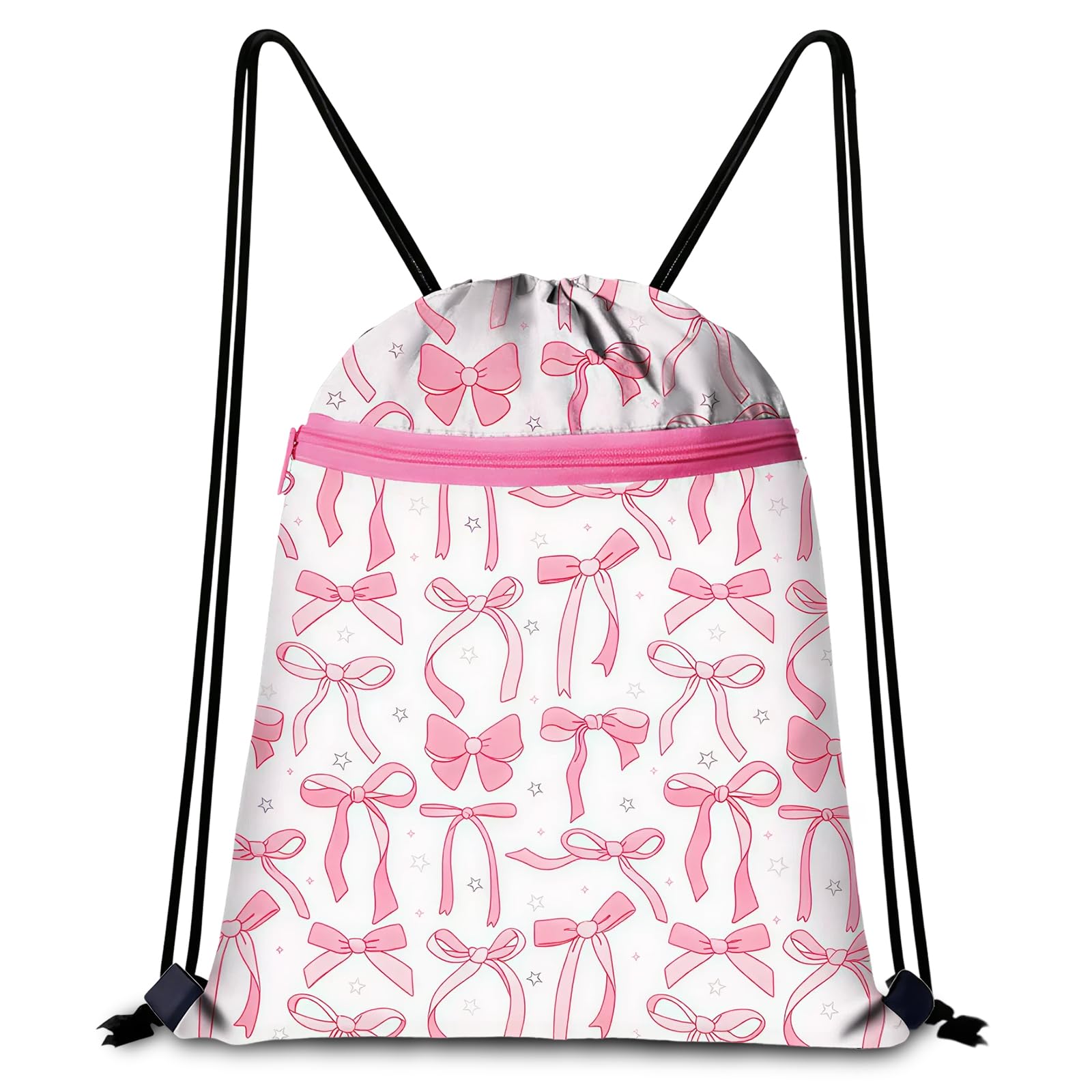 Clyrax Pink Bow Drawstring Bag for Girls, Water Resistant Polyester Swimming Bag for Swimsuits and Towels, Cute Bow Backpack for Travel and Gym