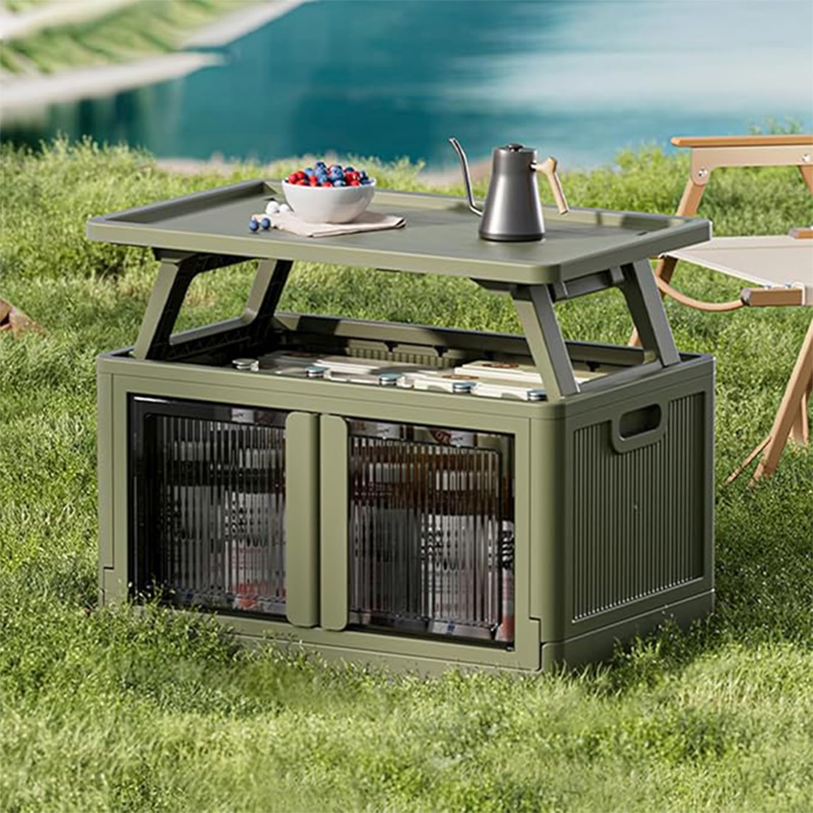 Warmiehomy Folding Camping Storage Cupboard Portable Camping Kitchen Unit Storage Box Table 2 in 1 for Outdoor Indoor, Green,64x40x54cm