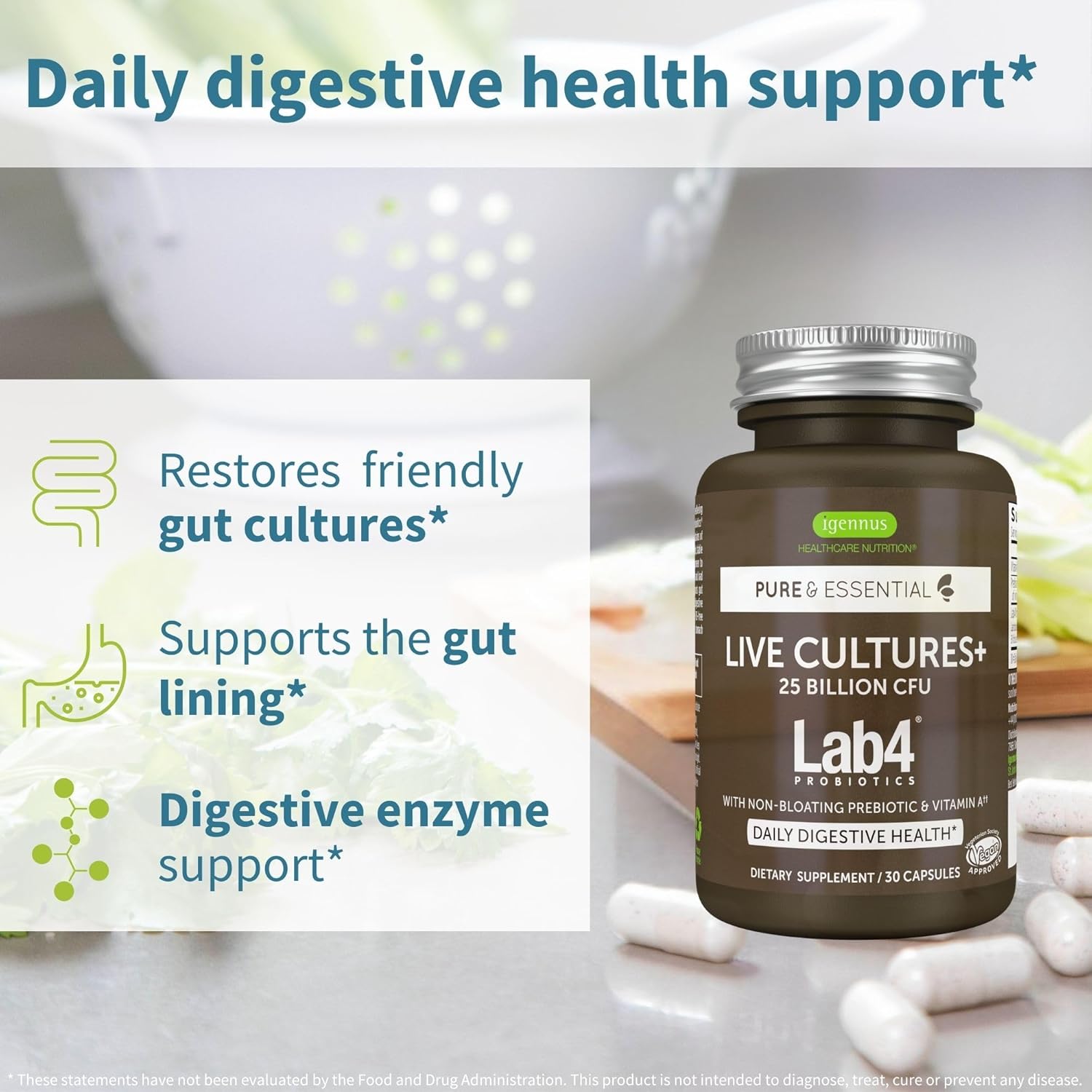 Igennus Probiotics & Prebiotic, Lactobacillus Acidophilus & Bifidobacterium, Live Cultures+ Lab4, Guaranteed 25 Billion CFU, for Women & Men, Non-Bloating Gut Health Support, Non-GMO, 6 x 30 Capsules
