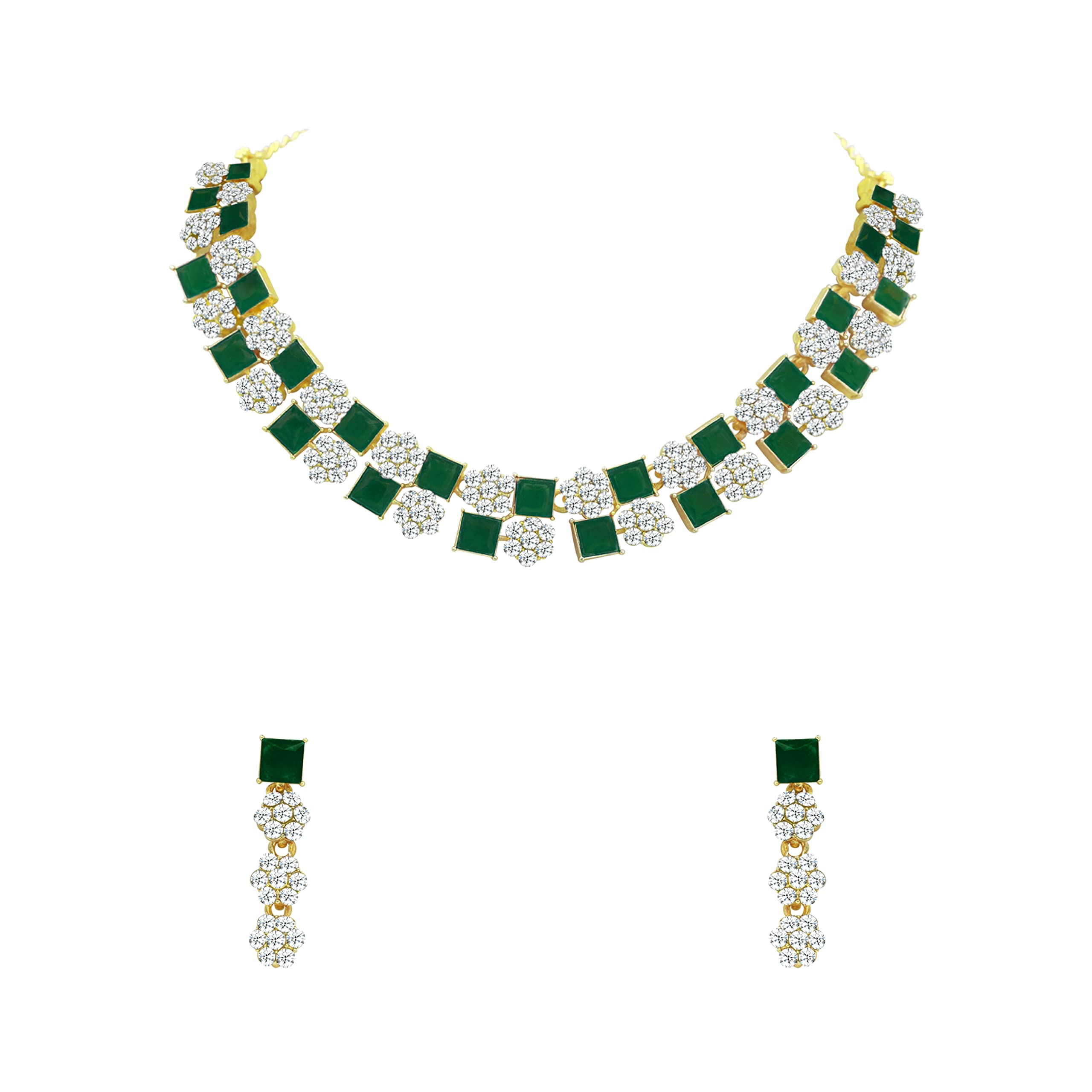 SAIYONI Valentine Day Special Glamorous Stylish Traditional Square & Floral Shape Design Gold Plated Austrian Diamond Choker Necklace With Earring Jewellery Set - Green For Women (B0BG2Q6RJW) Amazon Price History, Amazon Price Tracker