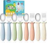 DRKIO 8-Piece Toddler Utensils Set: Safe 18/8 Stainless Steel Forks & Spoons, Silicone Handles, Anti-Choke Design, Food-Grade & Dishwasher Safe