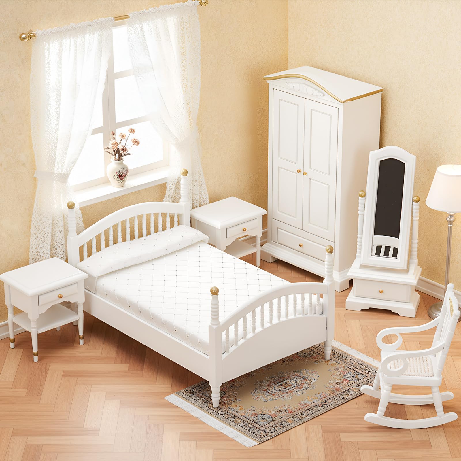 Skylety Juego de 7 muebles victorianos para casa de muñecas a escala 1:12, juego de muebles de dormitorio para adultos, juguetes en miniatura, accesorios para casa de muñecas