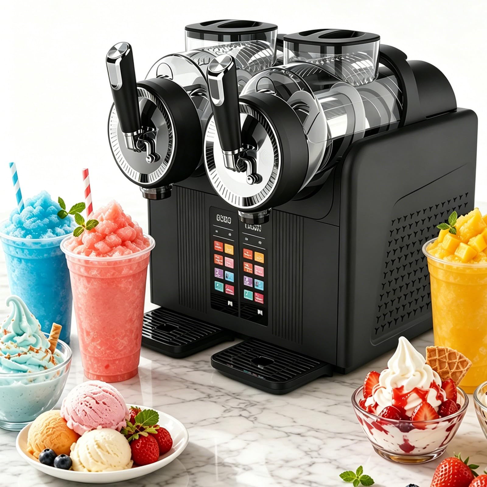 Slush Eis Maschine Und Softeismaschine 2-in-1, Eismaschine Für Zuhause Mit 2L Doppeltank, Digitalem Touchdisplay, 6 Programmen, Kindersicherung Und Selbstreinigung, Für Familienfeiern Black