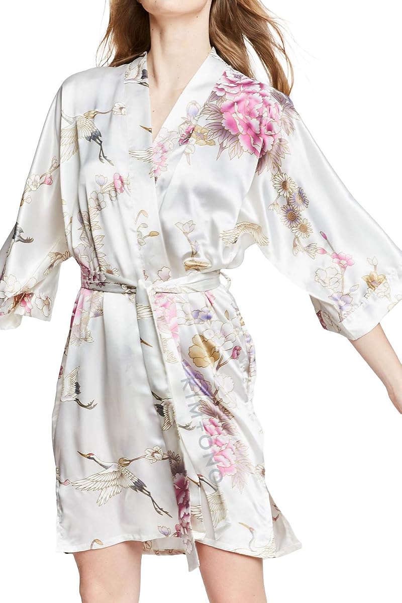 KIM+ONO Bata tipo kimono corta de satén para mujer | nupcial - maternidad - posparto - lencería - dama de honor