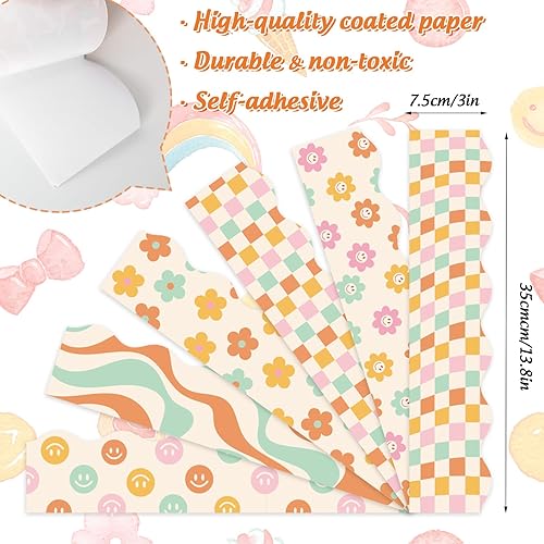 Miniatura 2 de Whaline Bordes de tablero de anuncios retro Groovy de los años 70 de 82 pies, diseño de cara de flores pastel, decoración a cuadros, bordes