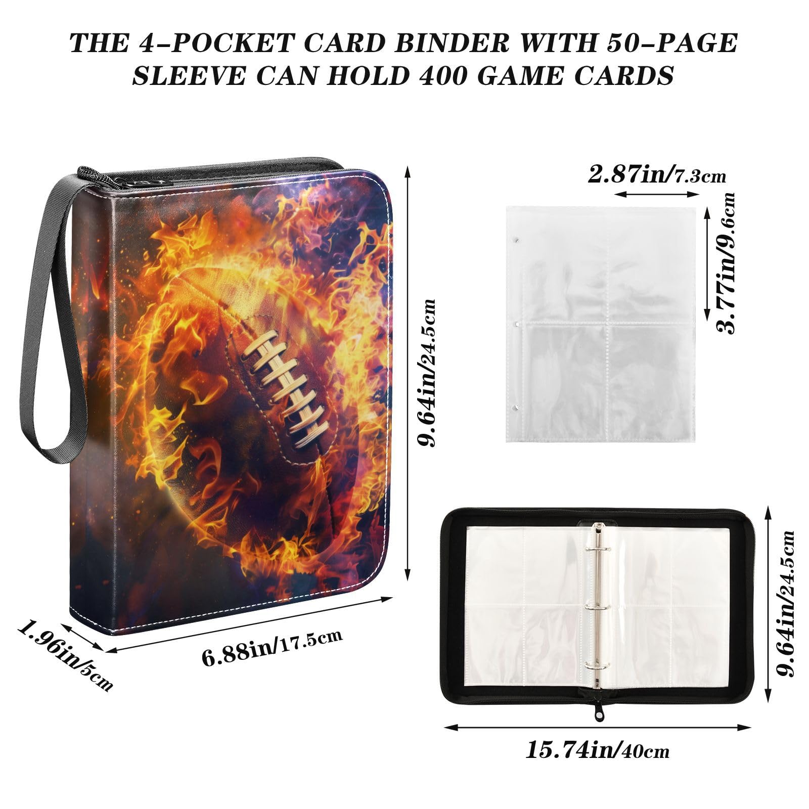 Amazon.com: Fire American Football Flame Card Binder 4 Pocket, Trading Card  Holder Fits 400 Game Cards with 50 Removable Sleeves, MTG Card Case  Standard Size : Toys & Games