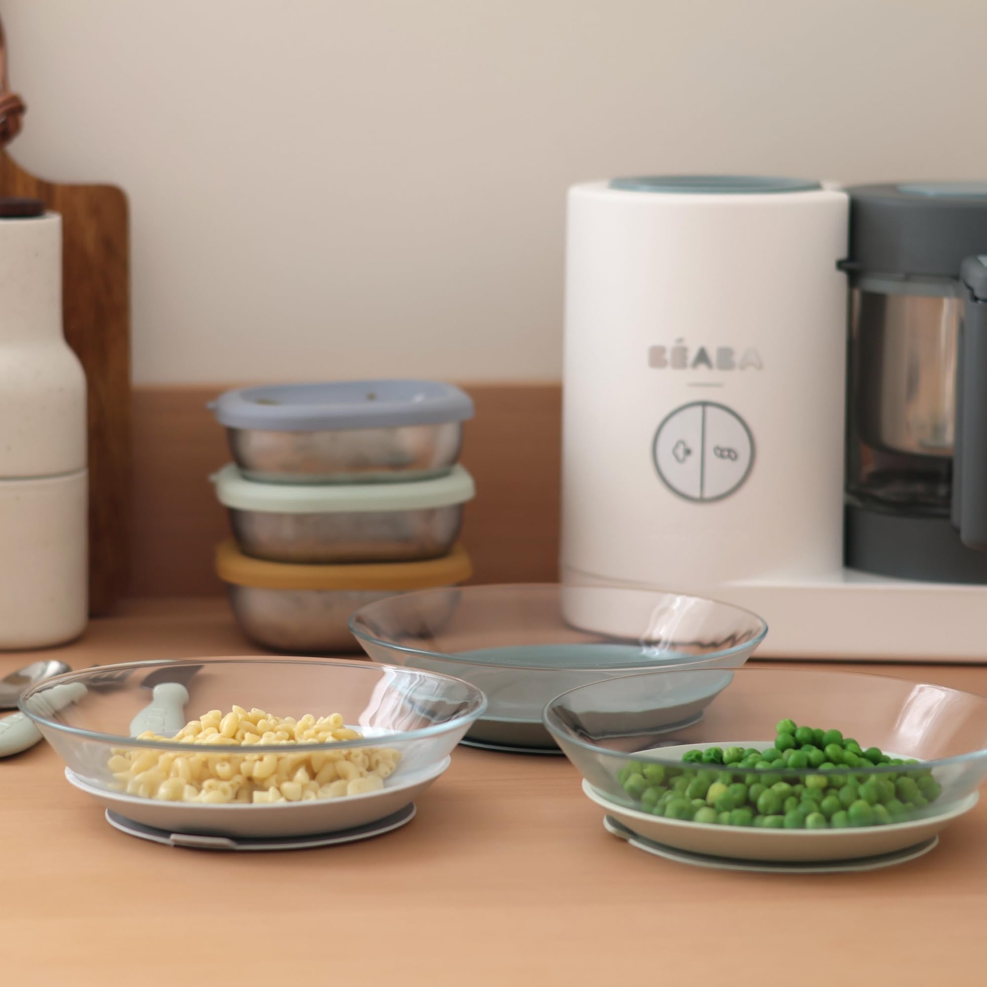 BÉABA x DURALEX, Set Bebé y Niño, 3 Platos de Vidrio Templado con Ventosas, Resistente, Saludable, Duradero y Fabricado en Francia, Misty Green