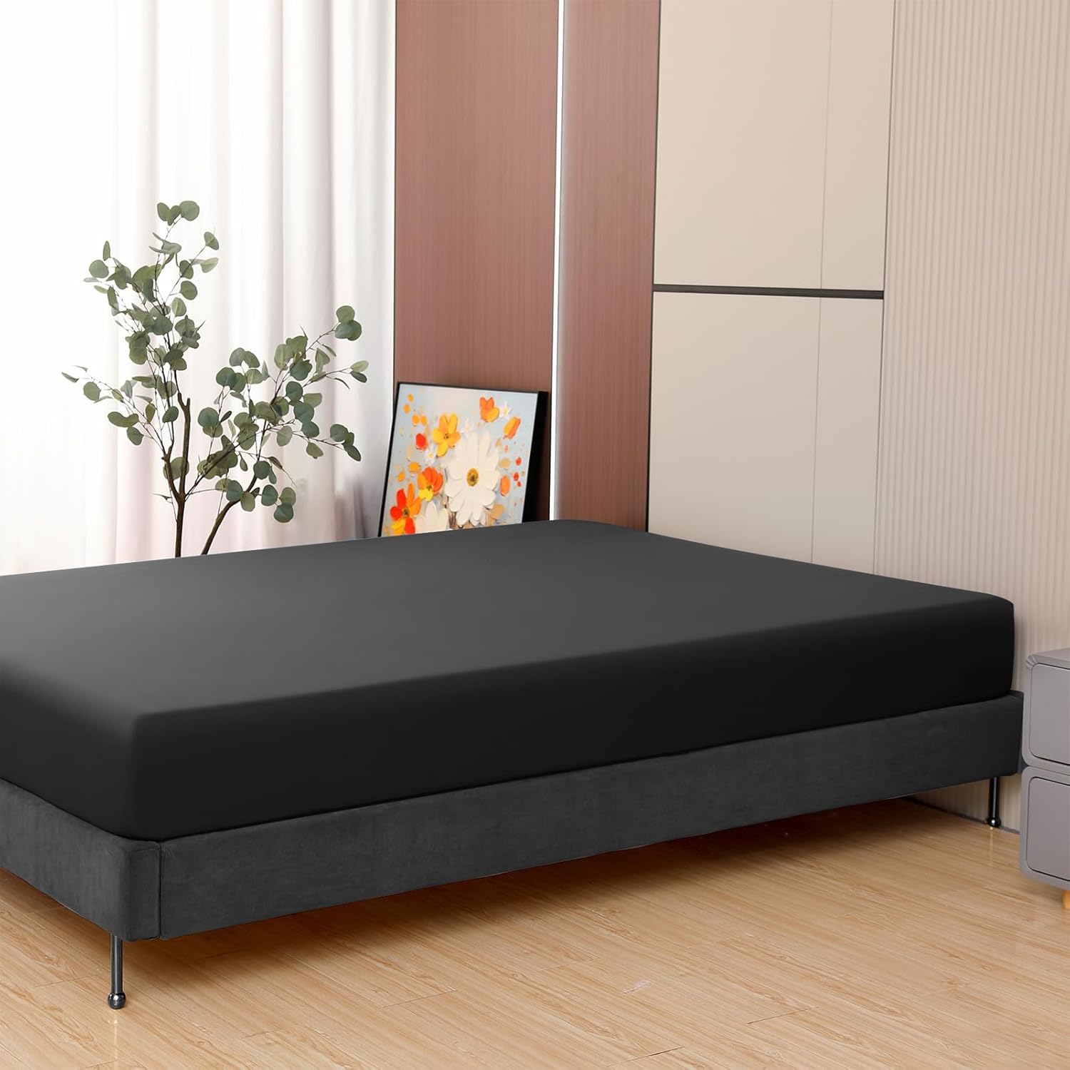 Toodou Soft Brushed Microfiber Black Twin Size Fitted Sheet-Comfortable and Durable Fitted Sheets-The Mattress Covers Made of Premium