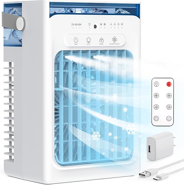 Portable Air Conditioners, Air Cooler Evaporative Personal Mini AC with Remoter, 4 Wind Speed, 2-4-6H Timer, 2 Modes, Colorful Night Light, Portable AC for Room, Car, Bedroom, Office, Outdoor