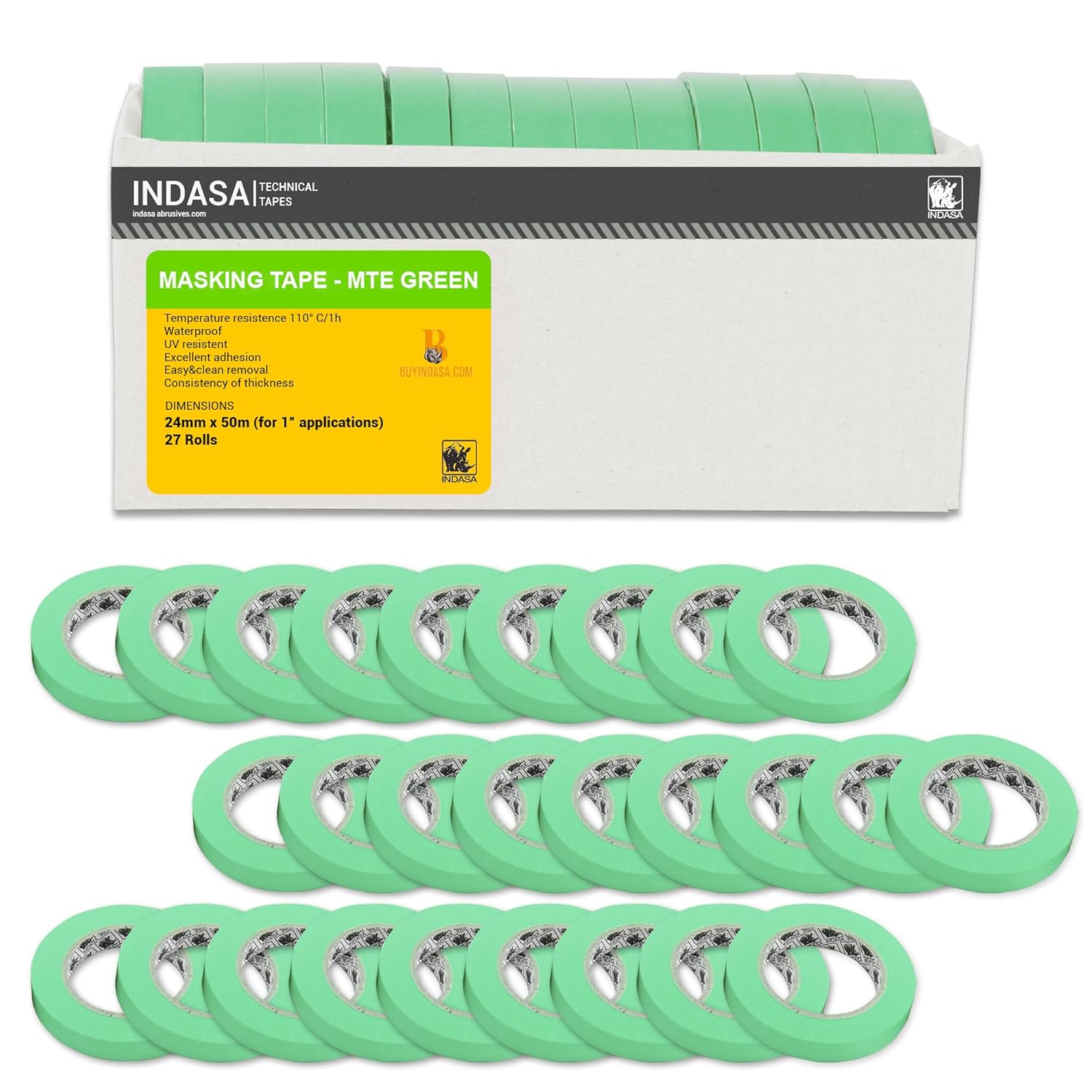 INDASA 1" x 50m Green Masking Tape, 27 CASE – High-Temp Resistant 250°F, Waterproof, No Residue, Clean Removal – Automotive, Industrial, Painting & Marine