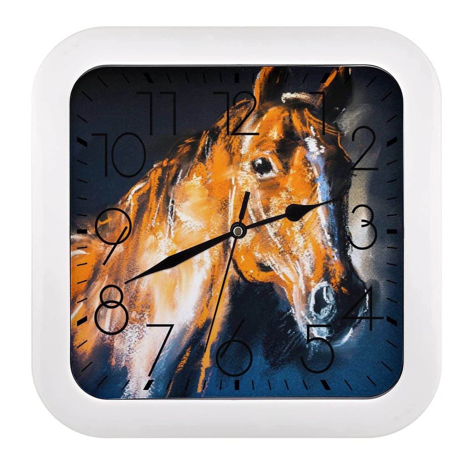 Horloge murale carrée cheval brun 26x26cm à grands chiffres pour salon
