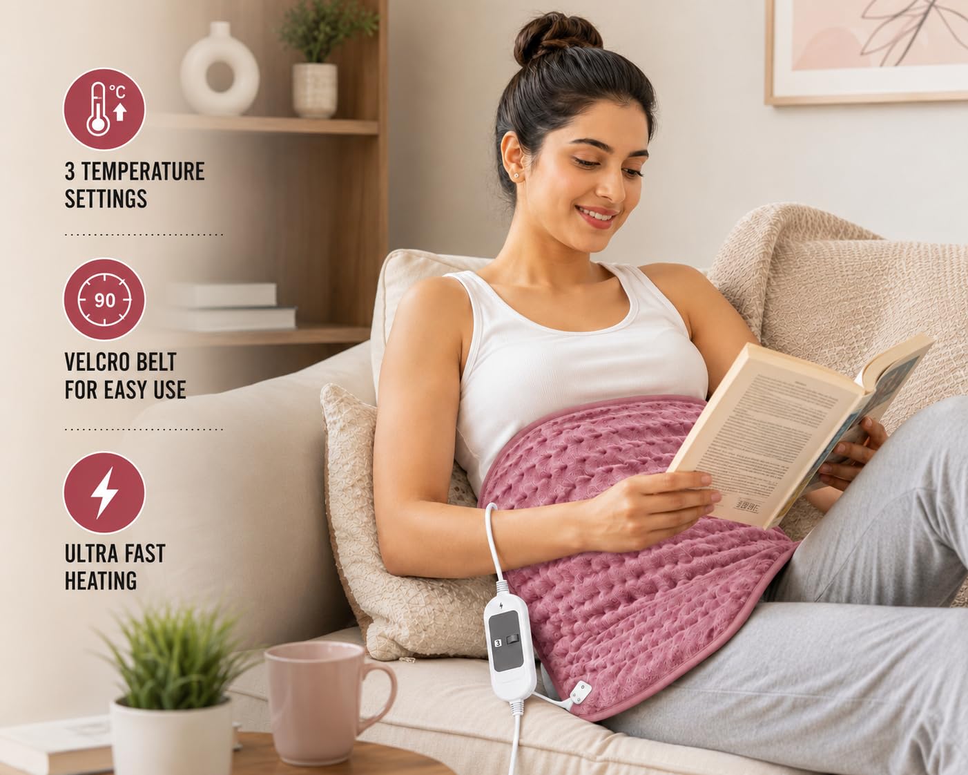 Medirelief Electric Heating Pad for Back Pain Relief | Orthopaedic Heating Belt for Neck, Shoulder, Knee & Muscle Pain | 3 Heat Settings | Fast & Even Heating | Soft Fabric | Overheat Protection ISO 13485 Certified (ROSE GOLD) 4