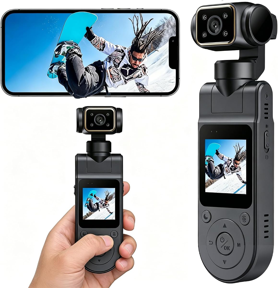 Cámara Vlogging 1080P, Cámara de Acción de Bolsillo Portátil, Mini Cámara Corporal WiFi | Grabación de audio y vídeo, portátil, lente giratoria, deportes al aire libre, ciclismo, cámara cardán para vlogging de viajes