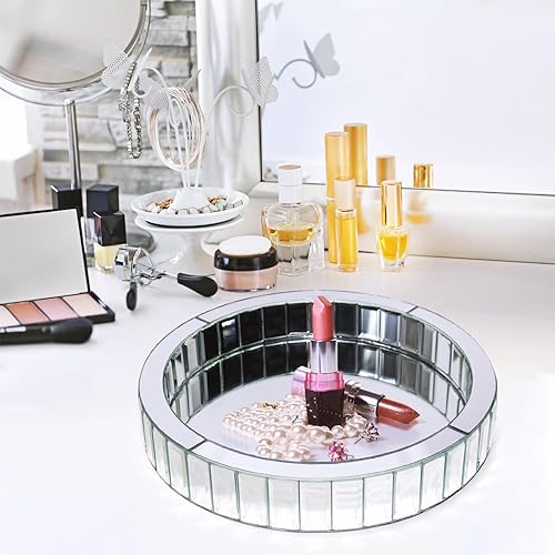 Miniatura 6 de Bandeja decorativa de espejo plateado, bandeja rectangular de diamantes triturados con espejo, organizador de tocador con mano, bandeja de joyería