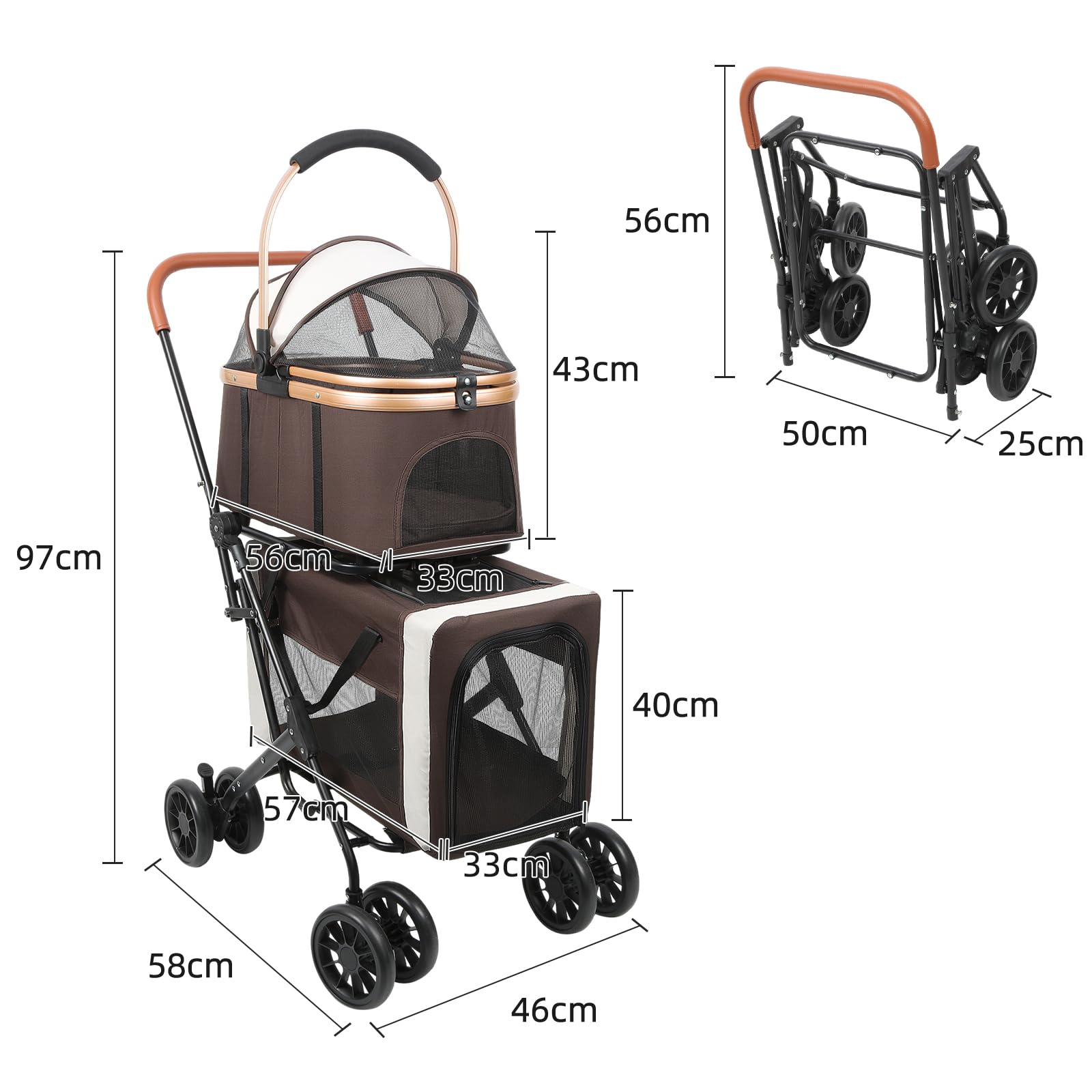Faltbarer Transportwagen für zwei Tiere bis zu 15 kg pro Tier Transportbox Transporttasche Hundekäfig 4 stoßdämpfende Räder (Braun)