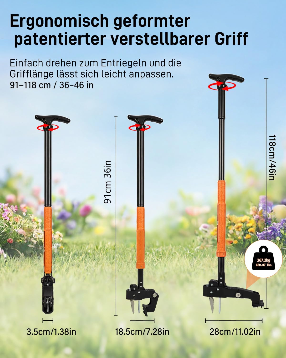 HAUSPROFI Teleskop-Unkrautstecher mit langem Stiel (91-118cm), 50L Gartensack, Unkrautentferner mit 4 Edelstahlkrallen für effizientes Entfernen von Unkraut, Automatischer Rücksprungmechanismus