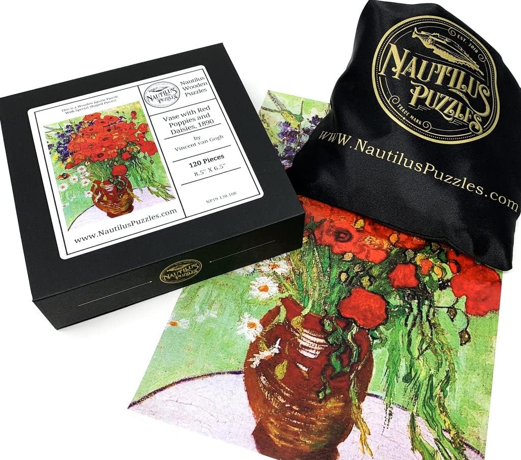 Van Gogh Wooden Puzzle for Adults - Vase with Red Poppies and Daisies - 120 Pieces by Nautilus Wooden Puzzles. Made in The USA.
