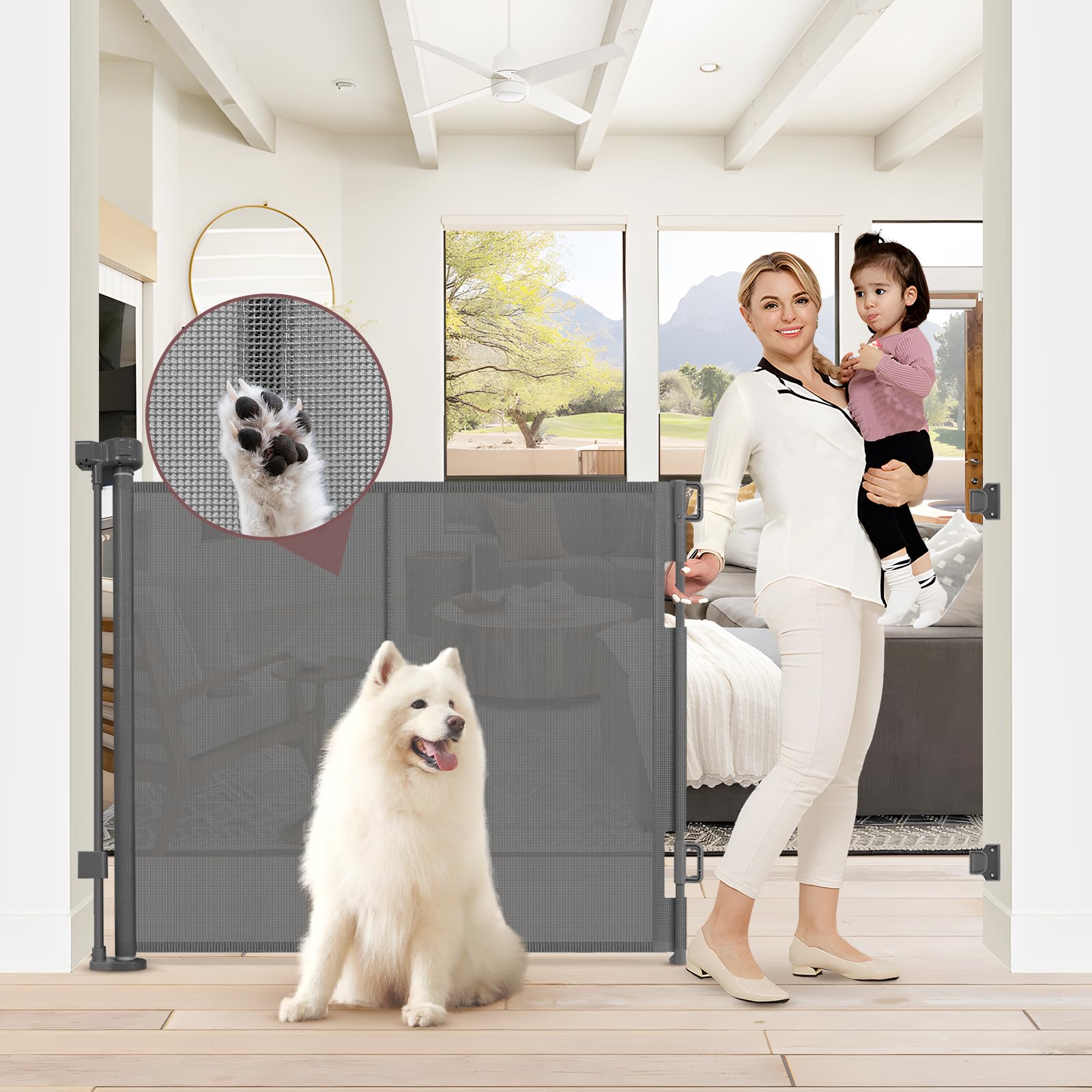 Reinforced 41 Inch Extra Tall Retractable Baby Gate 55" Wide Mesh Baby Gate Retractable Pet Gate with Support Rods – Prevents Crawling Under, Indoor