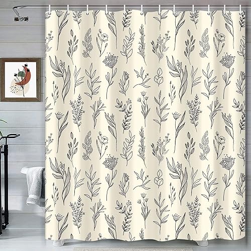 Cortina de ducha con diseño floral de plantas, juego de cortinas de ducha con diseño botánico vintage, impermeable, moderna, bohemia, floral, con 12