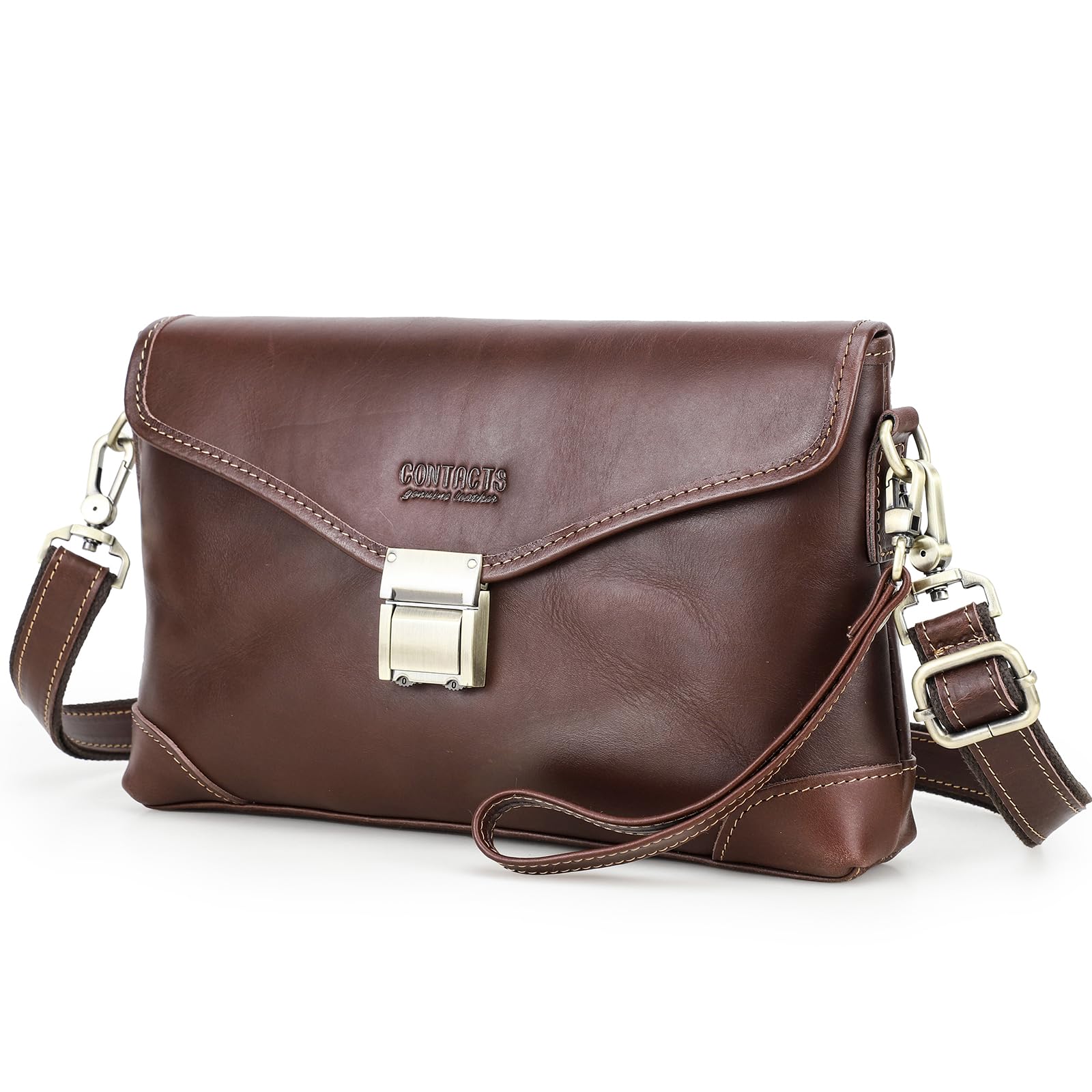 CONTACTS Große Clutch-Tasche aus Leder für Herren und Damen, Reisen, Business-Organizer, Handgelenkschlaufe, Brieftasche, Crossbody-Handtasche mit Schloss, mehrere Taschen, Handyhalter