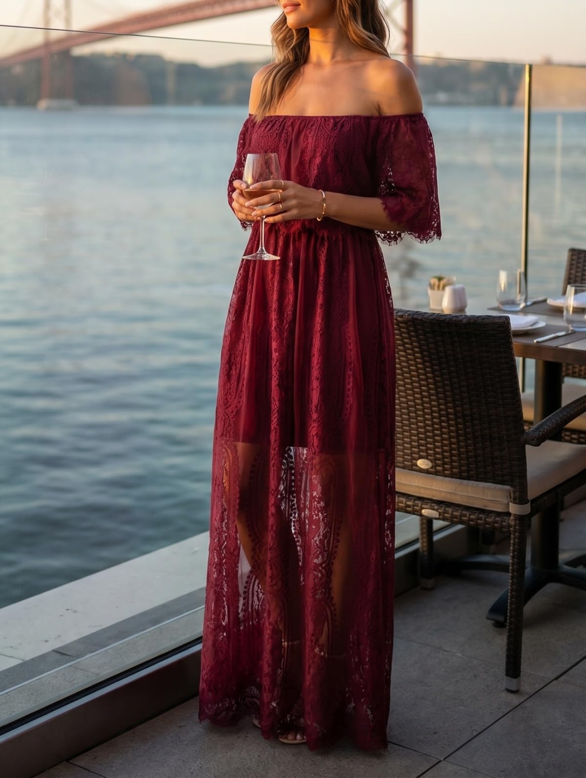 Holipick Vestido largo de encaje con hombros descubiertos para mujer, estilo bohemio, para invitada de boda, dama de honor, playa, vestido largo formal