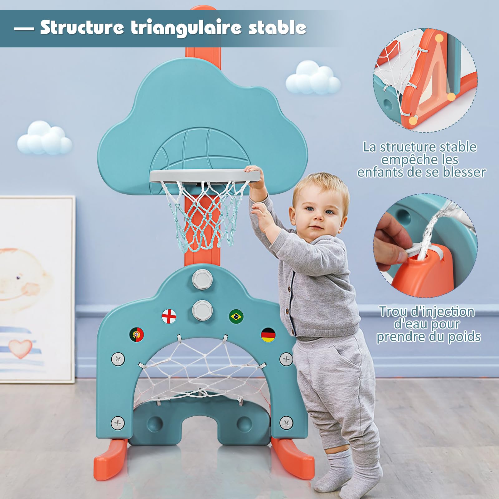 COSTWAY 3 en 1 Panier de Basketball pour Enfant 2-7 Ans avec Hauteur Réglable(77-116cm), Support de Basketball en Forme Neige avec Structure Stable, Bords Lisse, Jeu de Golf pour Garçons Filles