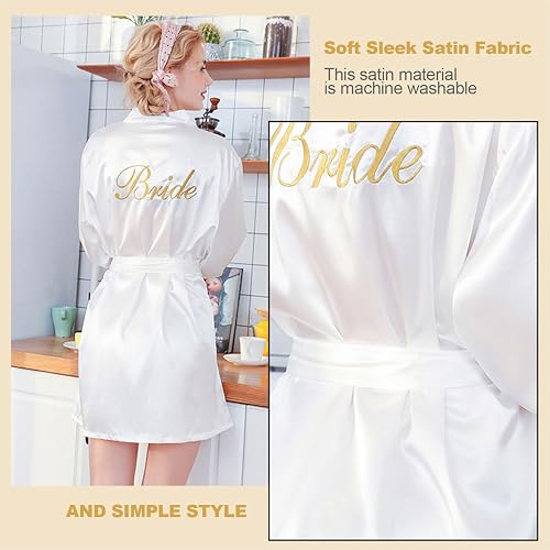 FUIPVGI Bride Robes Women Girls Bridesmaid Satin Dressing Gown, Women's Kimono Robe Bathrobe Nightdress, Bride Party Pyjamas, Morning Robe V-Neck Pyjamas for Bridal Wedding Party (White, One Size) - 2