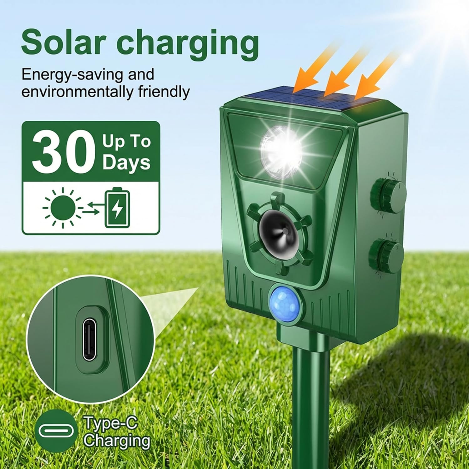 EMS Répulsif pour Chats,répulsif à ultrasons à énergie Solaire IP66 étanche à fréquence réglable pour éloigner Les Animaux, 5 Modes réglable, pour Animaux à ultrasons Vélo