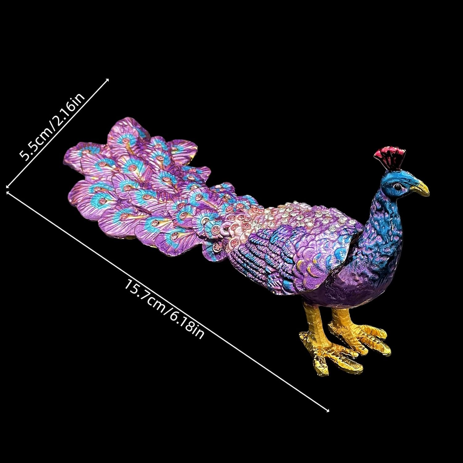 Peacock Jewelry Box with Rhinestone Metal Vintage Trinket Storage Box Decorative with Latching Keepsake Box for Ring Earrings Peacock Figurine, Gift for Women Girls, Home Decor (Purple)