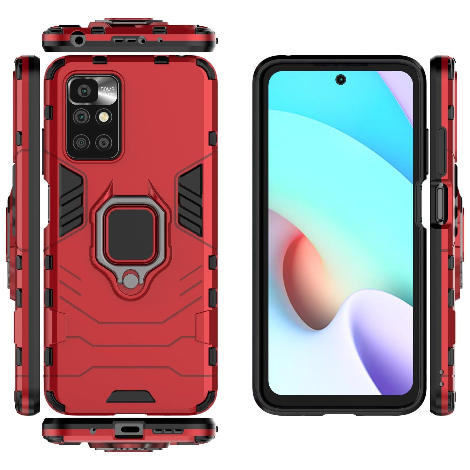Cover Militare Con Anello E Protezione Fotocamera Per Xiaomi Redmi 10 - Custodia Antiurto Rossa Con 2 Pellicole