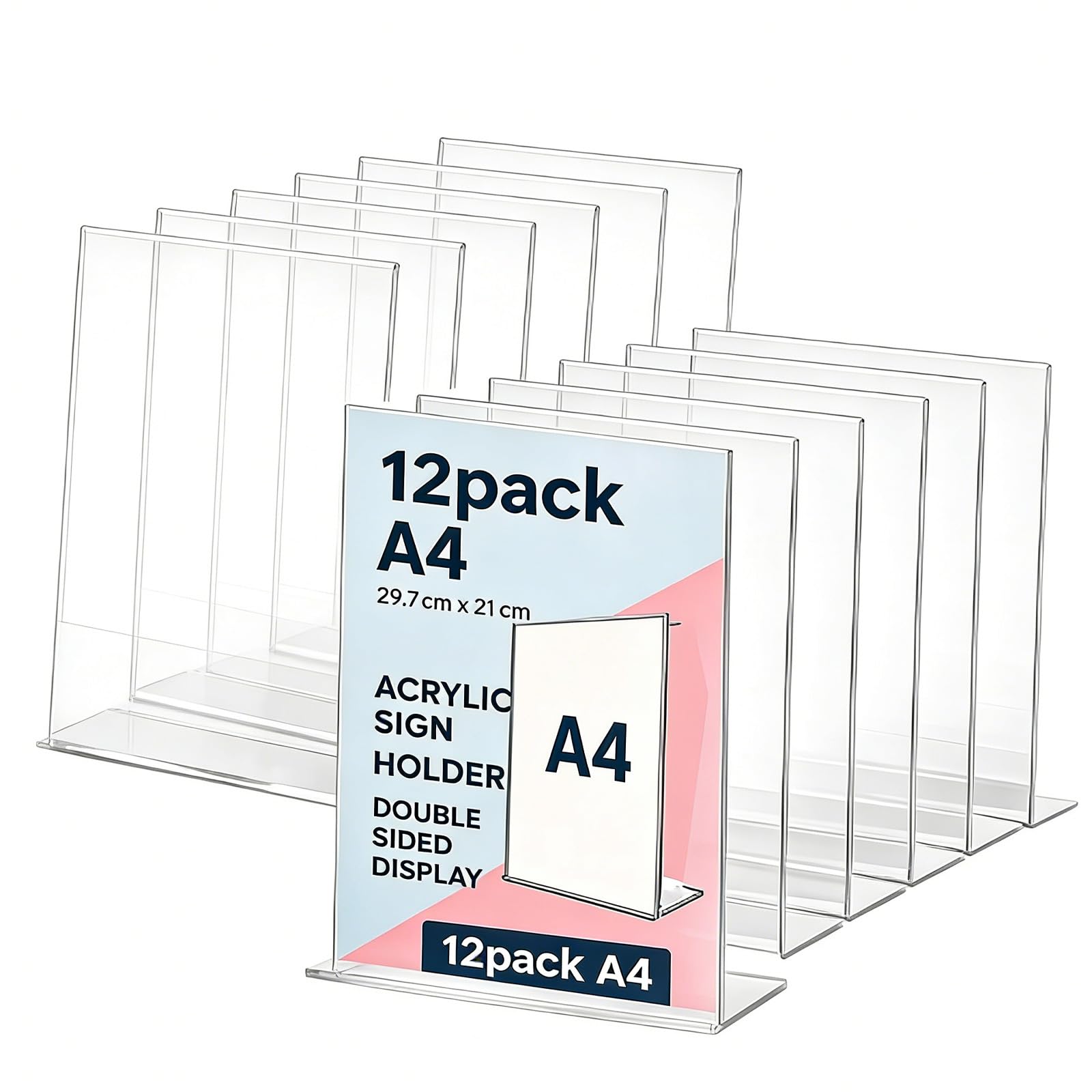 A4 Menu Holders 12 Pack Acrylic Sign Holder Clear L-Shaped Double-Sided Perspex Menu Tabletop Leaflets Poster Display Stands with Slant Back Design for Restaurants Offices Stores Events School