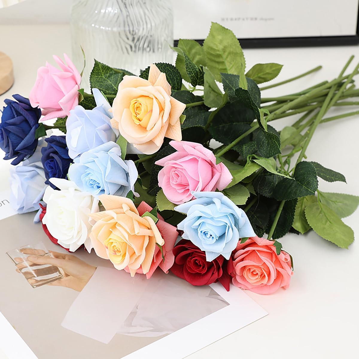 Artificial Flower Roses, 12PCS Real Touch Fake Flowers with Stems, 15" Flannel Roses for Christmas Home Wedding Bathroom Kitchen Decorations(Mix Color) - Image 2