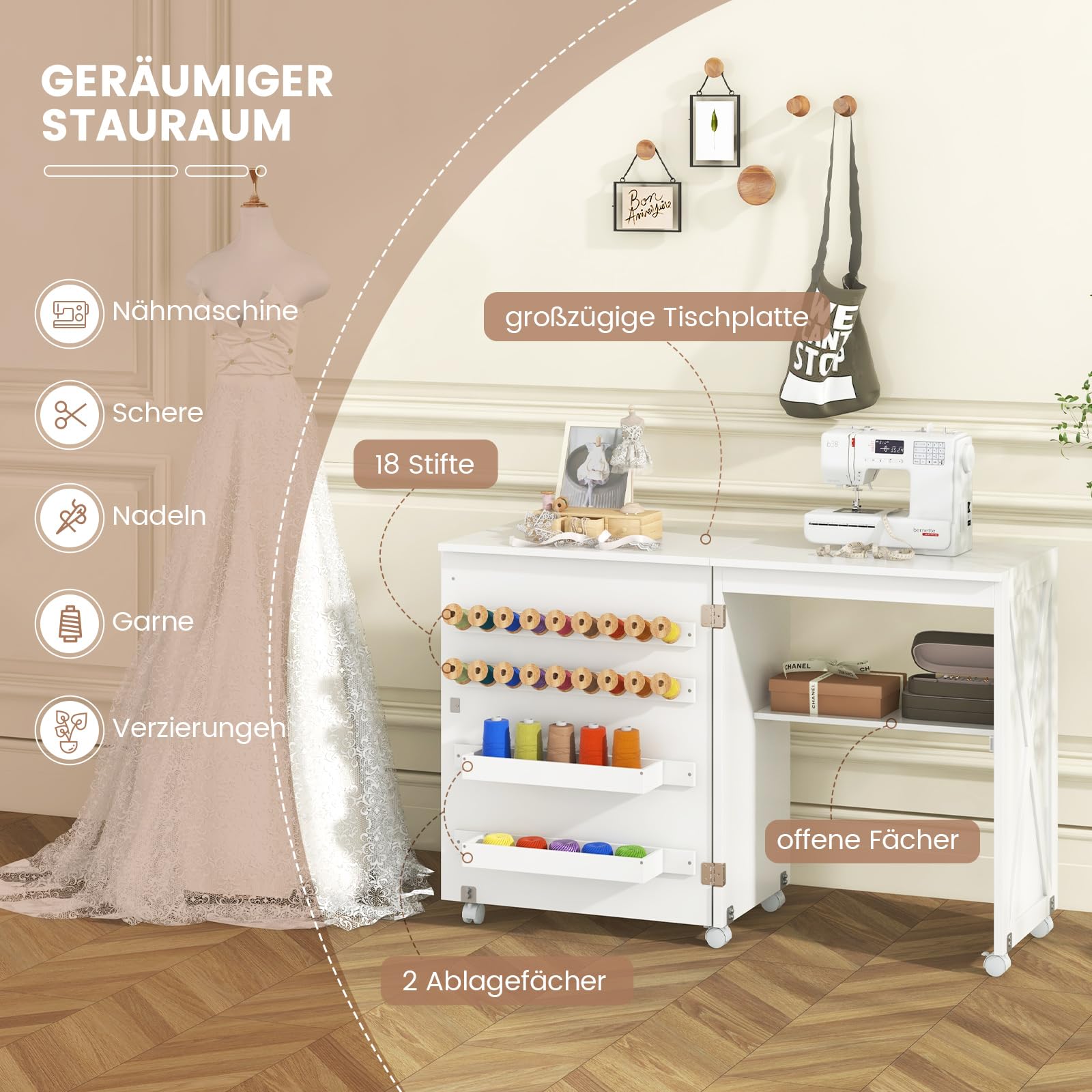 COSTWAY 2 in 1 Nähschrank & Schreibtisch klappbar, Nähtisch Mehrzweck-Bastelstation mit Ablagefläche, 2 Tabletts,18 Klammern, Scheunentür & 5 feststellbaren Rollen für kleine Räume (weiß)